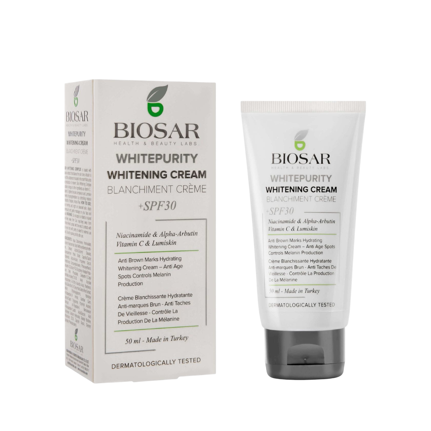 Biosar Whitepurity skin whitening cream spf30 کرێمی دژە پەڵە و ڕوونکەرەوەی ڕۆژی بایۆسار