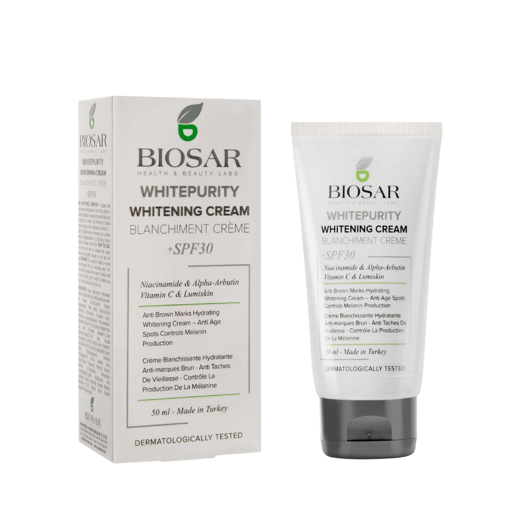 Biosar Whitepurity skin whitening cream spf30 کرێمی دژە پەڵە و ڕوونکەرەوەی ڕۆژی بایۆسار