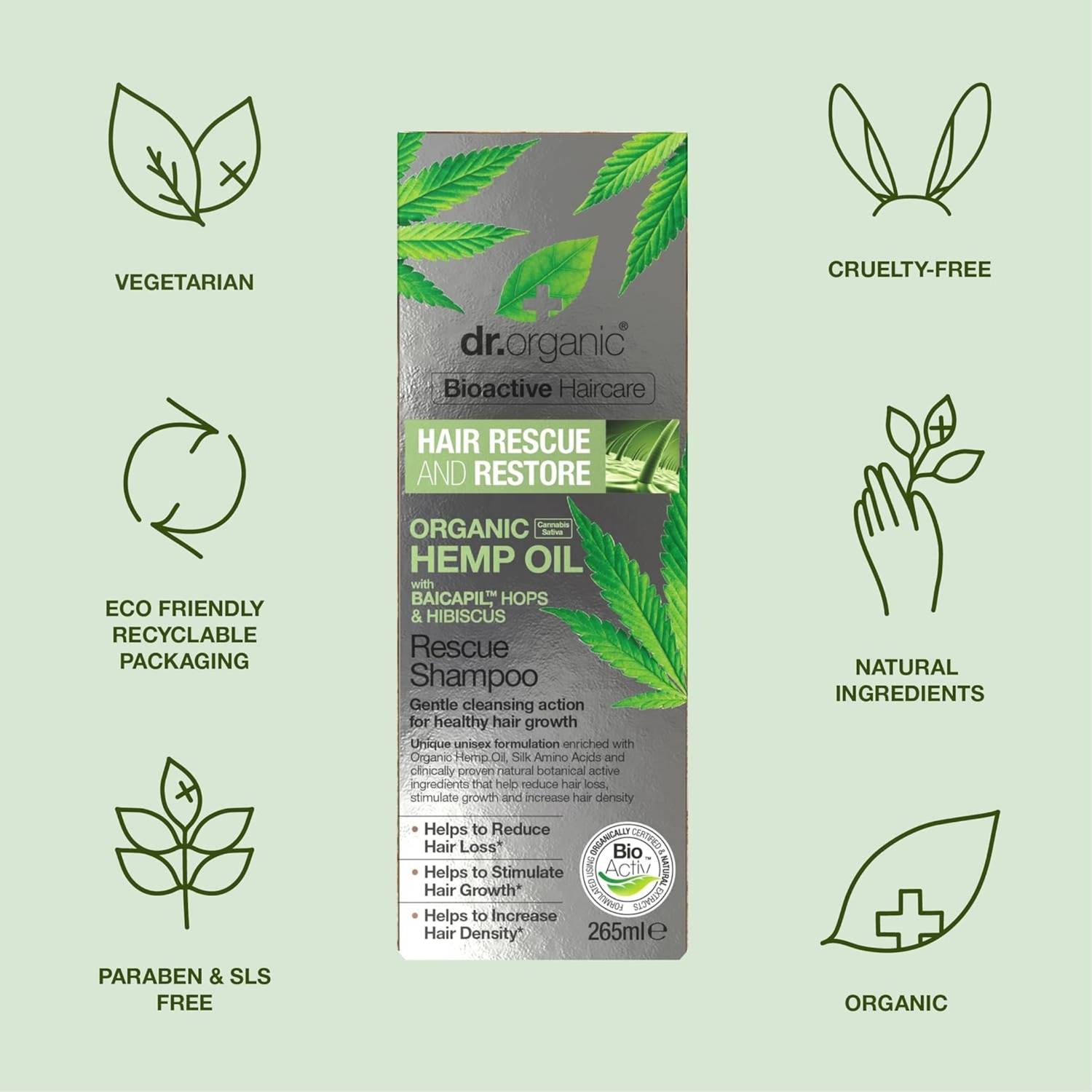 dr organic Hemp Oil Rescue & Restore Shampoo شامپۆی بەهێزکەری قژ و دژە هوڵوەرینی دکتۆر ئۆرگانیک